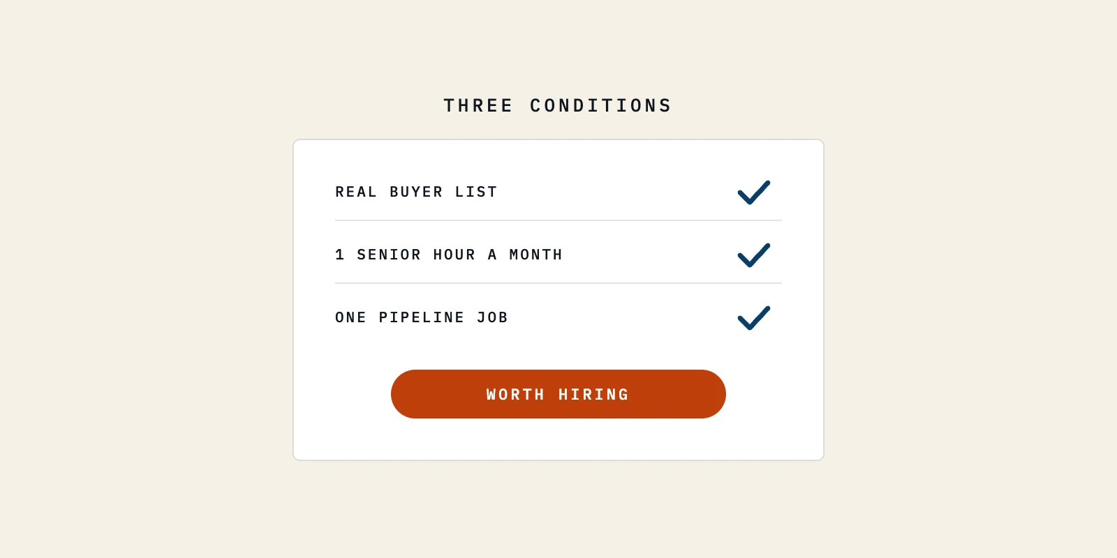 A checklist of three conditions for hiring a newsletter agency, each ticked, ending in a worth hiring result