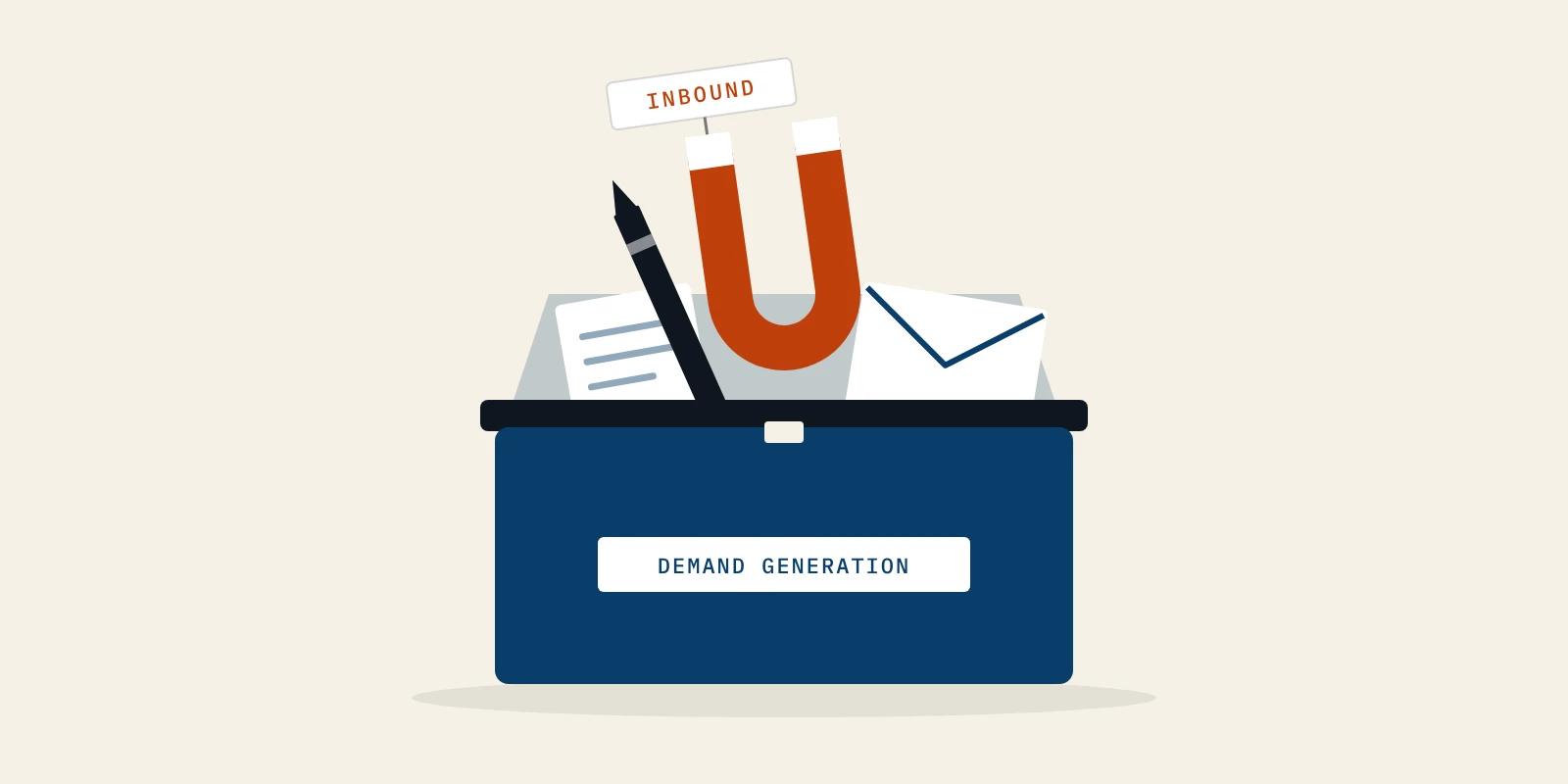 An open toolbox marked demand generation holds an envelope, a pen and a note card, with one rust-colored magnet tagged inbound rising above the other tools.